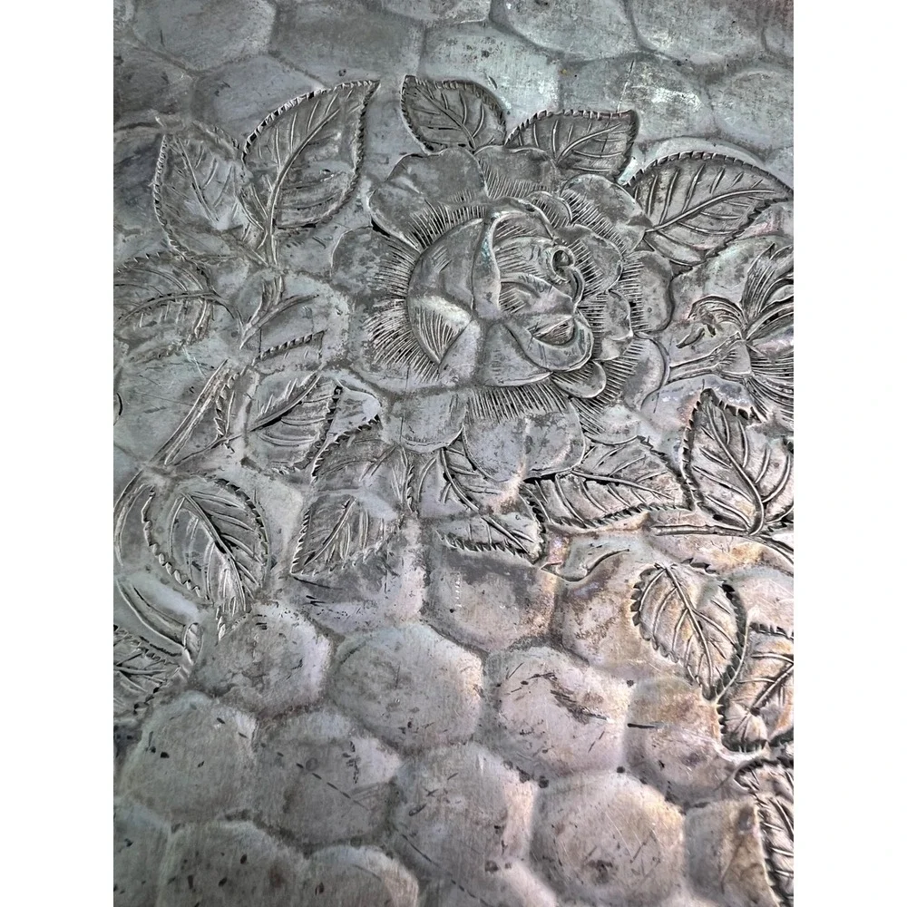 Hand Forged Aluminum Serving Tray 12 Inch Vintage Rose Hammered Floral‎ MCM